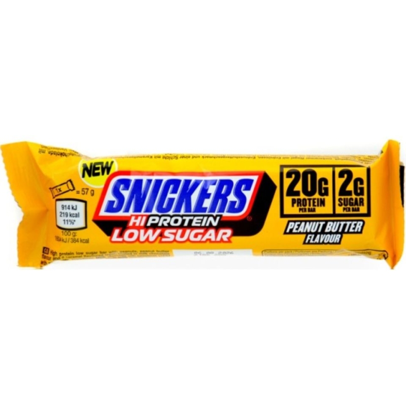 Snickers Low Sugar High Protein Peanut Butter Bar 57 g. Snickers Low Sugar High Protein Peanut Butter Bar 57 g.